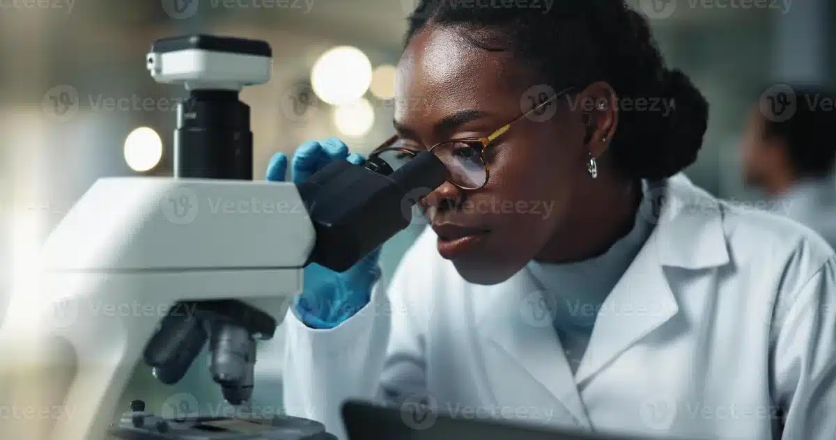 Black woman, scientist and microscope research for laboratory and ...