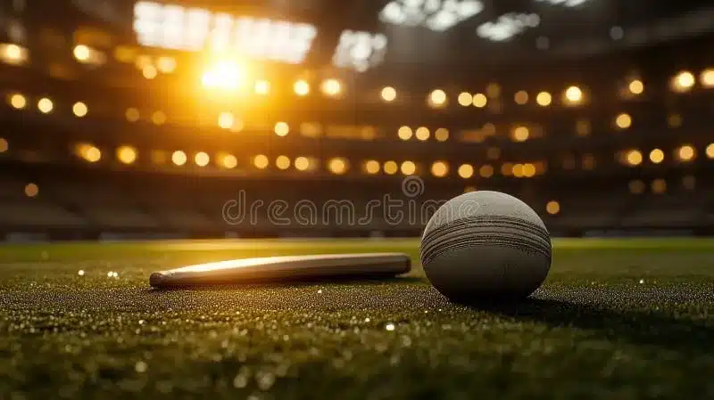 Cricket Bat and Ball on Grass in Illuminated Stadium at Sunset ...
