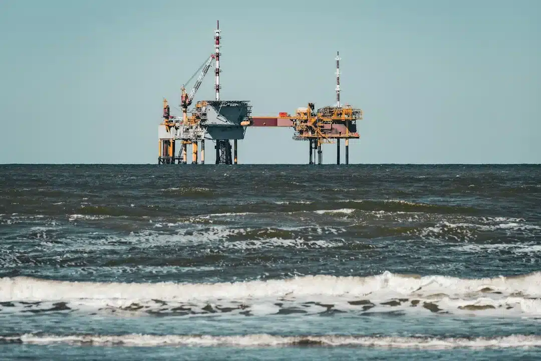 An offshore oil rig in the choppy ocean