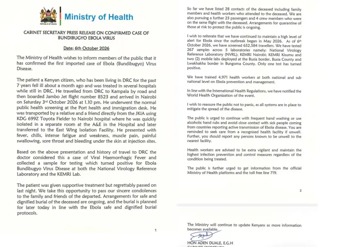 Kenya reports confirmed imported case of Bundibugyo Ebola Virus ...