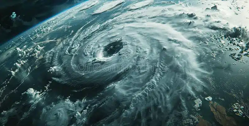 Massive Hurricane Over the Ocean, Satellite View. Swirling Storm ...