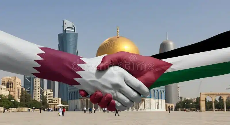 Diplomatic Handshake between Qatar and Palestine Flags in Jerusa ...